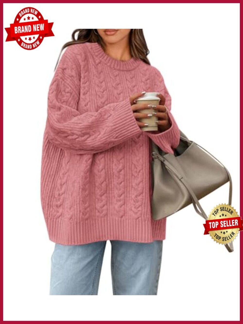 Oversized Cable Knit Sweater Crewneck Pullover Chunky Knit